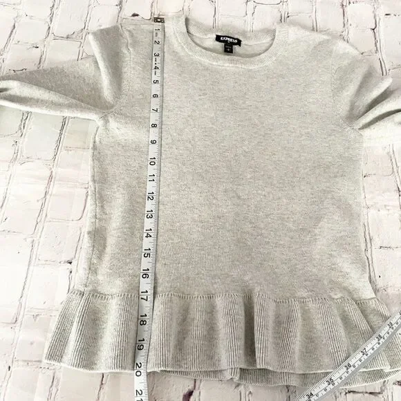 Express Gray Peplum Crew Neck Ruffle Hem Sweater S Office Wear Casual - Picture 6 of 9